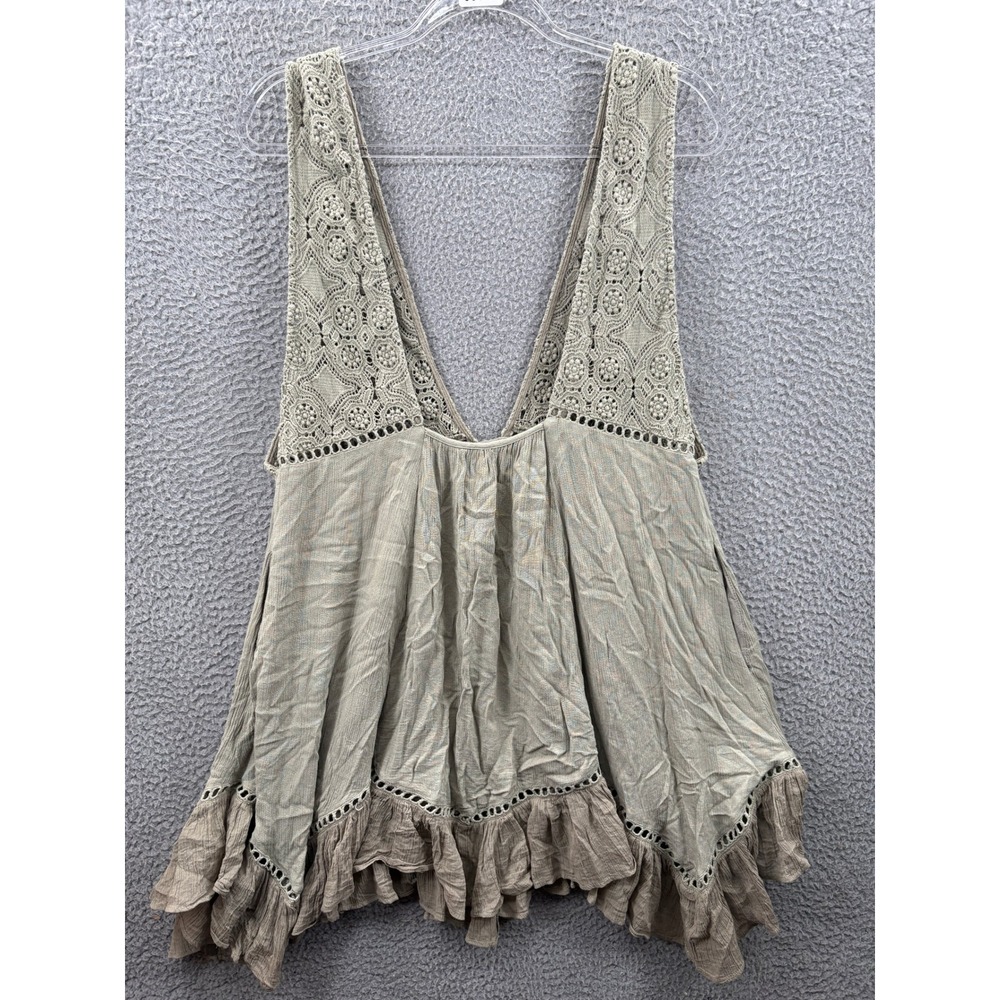 Free People Babydoll Mini Dress Size M Green Boho Crochet Lace Ruffle Sleeveless - Picture 12 of 13